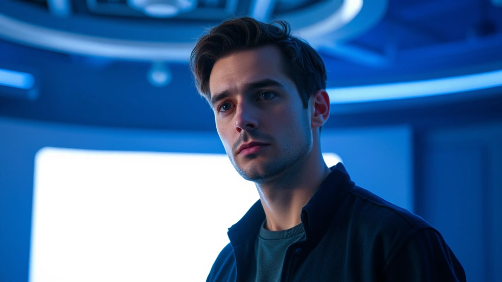 Male actor in contemplative pose against minimalist sci-fi set design, atmospheric blue-tinted lighting, professional portrait photography, introspective expression, modern television production aesthetic, clean background