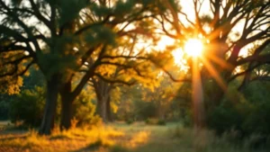 Serene Texas landscape with golden sunlight filtering through tall trees, soft bokeh background, photorealistic natural environment, peaceful atmosphere, no text or people visible
