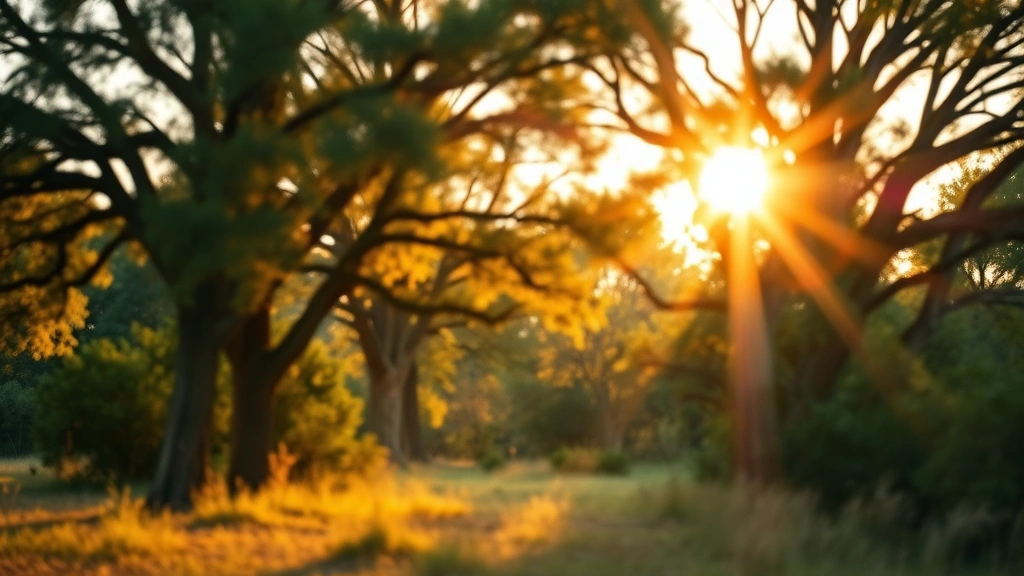 Serene Texas landscape with golden sunlight filtering through tall trees, soft bokeh background, photorealistic natural environment, peaceful atmosphere, no text or people visible