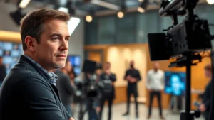 Professional male actor in modern television studio setting with professional lighting and camera equipment, focused expression during scene work, contemporary production environment with crew members blurred in background