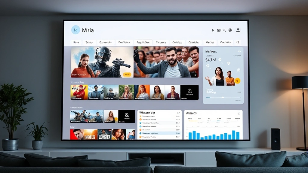 Streaming platform interface on large screen showing video content library with thumbnails, audience engagement analytics dashboard visible, modern digital entertainment consumption space with minimalist aesthetic