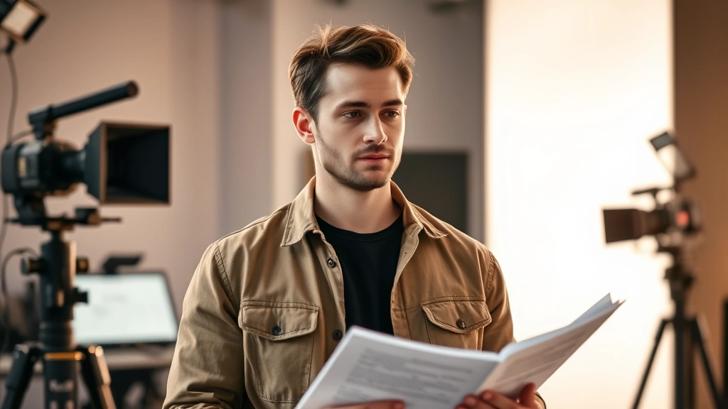 Professional male actor in modern film studio setting with soft lighting, holding script pages, thoughtful expression, contemporary casual clothing, blurred production equipment background, cinematic atmosphere