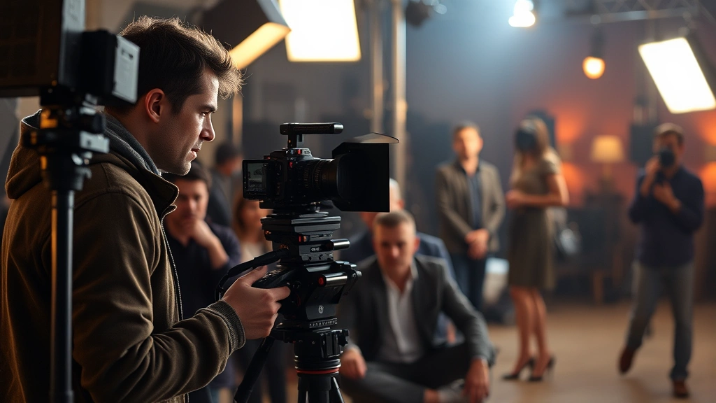 Diverse film production set showing actor working with director, both focused on performance, warm studio lighting, professional crew visible out of focus, emotional scene being captured, authentic creative collaboration