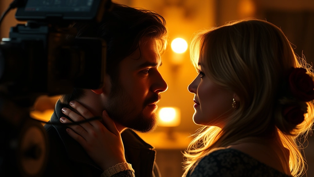 Actor in intimate dramatic scene with co-star, warm romantic lighting, genuine emotional connection, professional cinematography setup, streaming production quality, authentic character moment captured