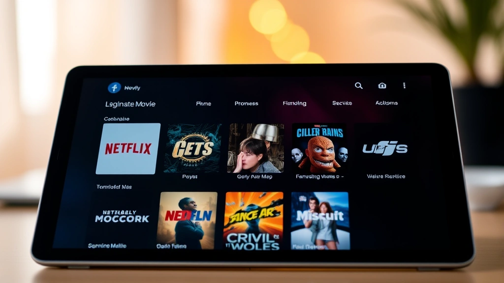 Digital streaming interface showing multiple legitimate movie service logos and subscription options displayed on a modern tablet device with warm ambient lighting