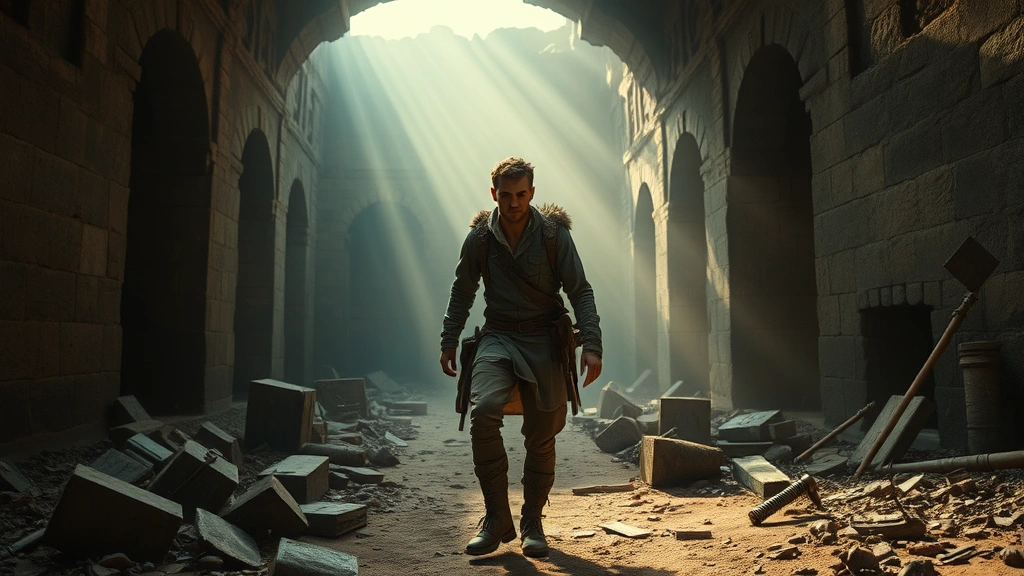 Professional cinematography of a male actor in adventurer's outfit exploring ancient ruins with dramatic lighting and archaeological artifacts scattered around, photorealistic, cinematic quality, no visible text or interface elements