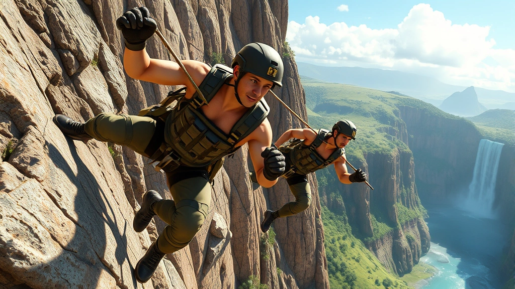 Dynamic action scene showing two male characters in tactical gear rappelling down a cliff face with exotic landscape and waterfall in background, photorealistic, high-octane adventure aesthetic, no screens or text