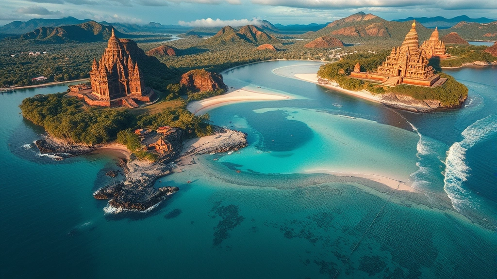 Aerial landscape photography of diverse international locations including tropical beaches, mountain ranges, and ancient temples blended together, cinematic color grading, adventure exploration theme, no visible text or labels