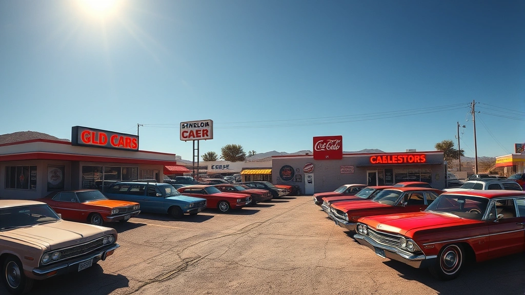 Wide shot of 1980s used car dealership lot with colorful cars, garish signage, and neon lights under bright Arizona sun, no people visible, vintage vehicles prominently displayed