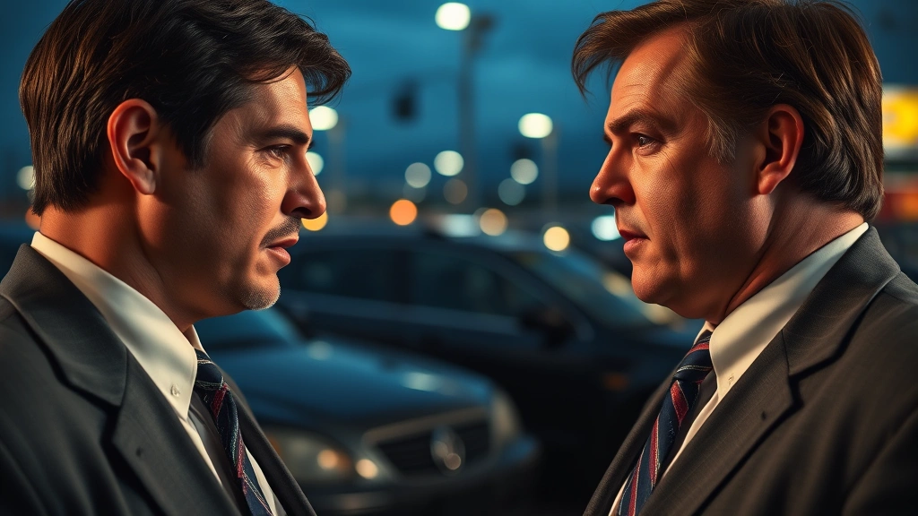 Close-up of two salesmen in 1980s business attire engaged in intense conversation on used car lot, dramatic lighting, expressive faces showing negotiation tension, authentic period clothing