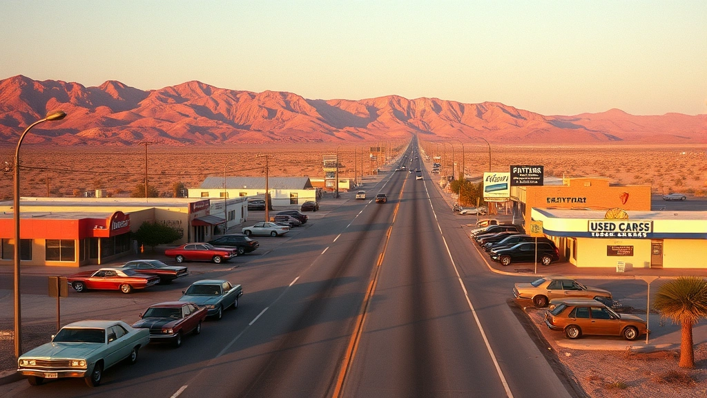 Panoramic view of 1980s desert highway with multiple used car dealerships visible across street, vintage automobiles lined up, period-appropriate signage and architecture, golden hour lighting