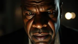 Ving Rhames intense dramatic scene, serious expression, professional cinematic lighting, dark moody atmosphere, film noir shadows, close-up portrait composition, depth of field blur