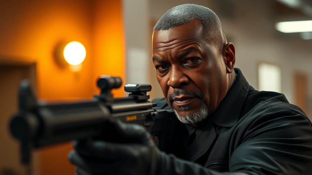 Ving Rhames in action sequence preparation, focused concentration, tactical professional demeanor, dramatic side lighting, cinematic composition, film grain texture, modern action movie aesthetic