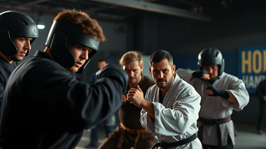 Professional action film production set with multiple actors in martial arts training gear, focused intensity on their faces, choreographed movement practice, dramatic overhead lighting casting shadows, cinematic depth of field