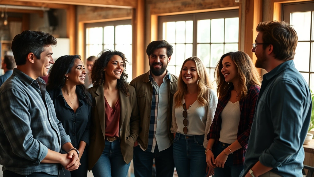 Diverse group of professional film actors in casual behind-the-scenes environment laughing together, genuine interaction and camaraderie visible, warm natural lighting from large windows, relaxed body language suggesting authentic friendships
