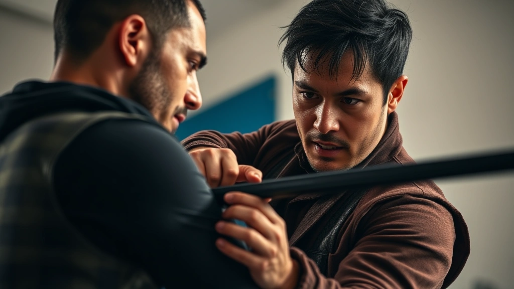 Close-up of professional stunt performer and actor in character costume during fight choreography rehearsal, concentration and trust evident in their expressions, dynamic movement captured mid-sequence, studio lighting highlighting physical form and detail