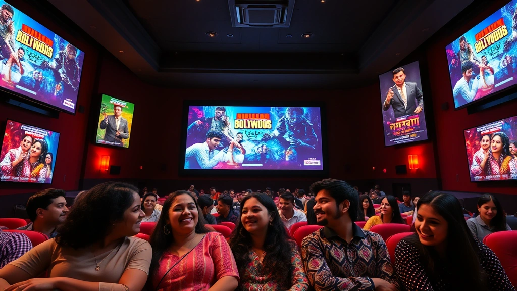 Vibrant Bollywood movie theater interior with colorful digital screens displaying film titles and audience members laughing together, professional cinema setting with warm ambient lighting