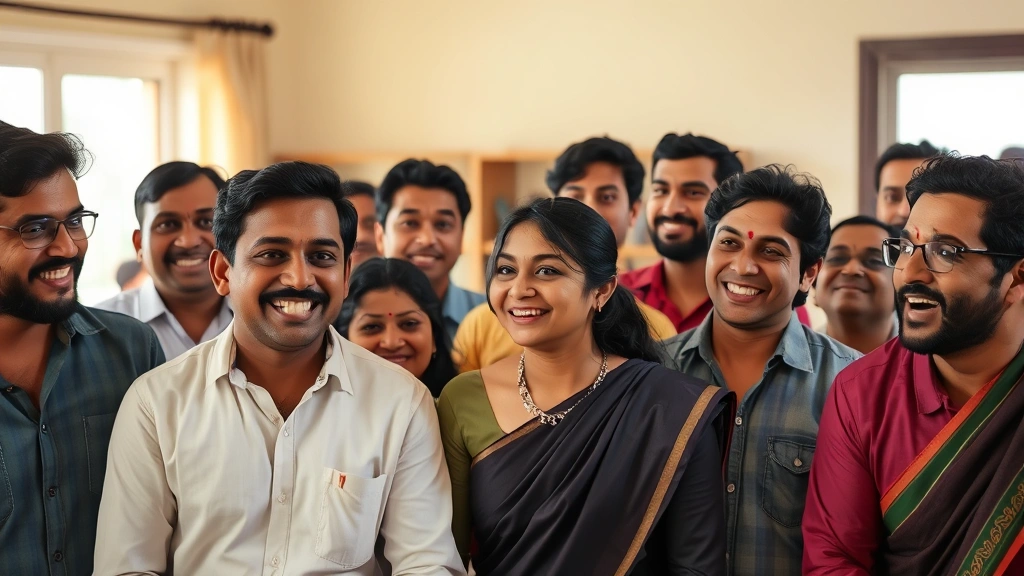 Ensemble cast of Indian actors in comedic scene, expressive facial expressions showing joy and surprise, casual indoor setting with warm natural lighting, candid moment capturing genuine entertainment