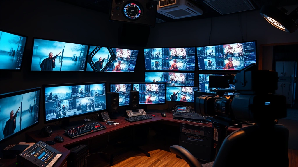 Film editing suite with multiple monitors displaying movie scenes, professional color grading setup, digital filmmaking technology showcasing modern cinema production workflow