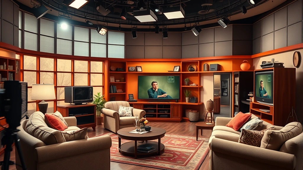 Television studio set with bright lighting and warm color palette, showing comfortable family living room environment with period-appropriate 1980s decor, photorealistic quality