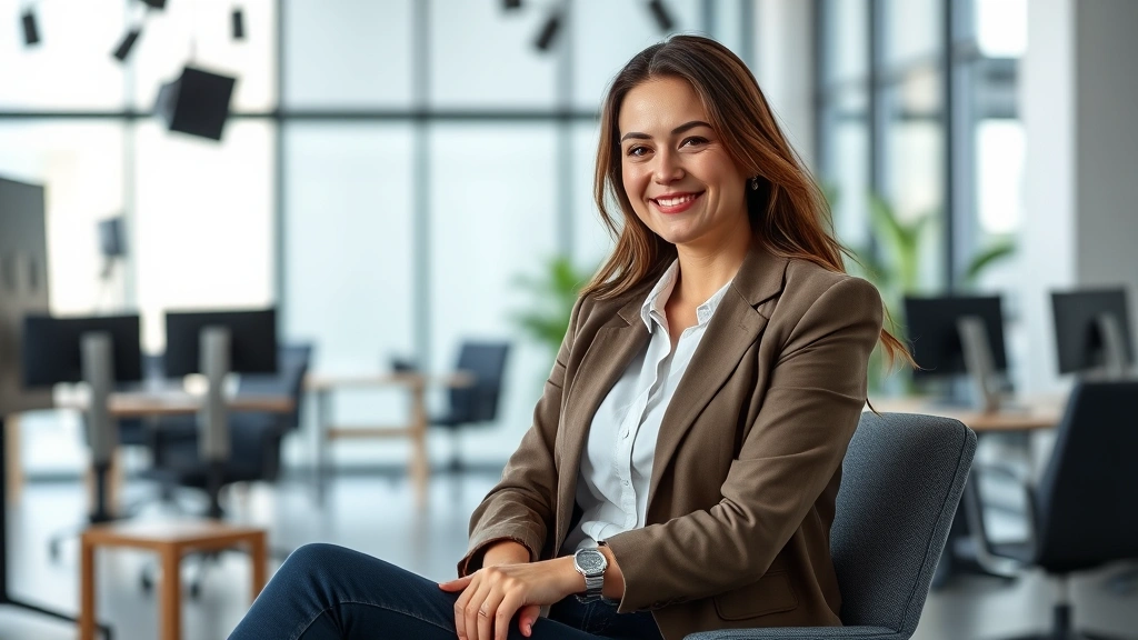 Modern entertainment industry professional woman in casual business attire sitting in contemporary office or studio setting, natural lighting, approachable expression, photorealistic photography