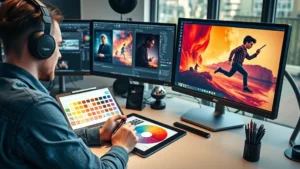 Professional graphic designer working on movie poster composition with color palette swatches, digital tablet stylus, and multiple monitor displays showing design layers and vector artwork in modern creative workspace