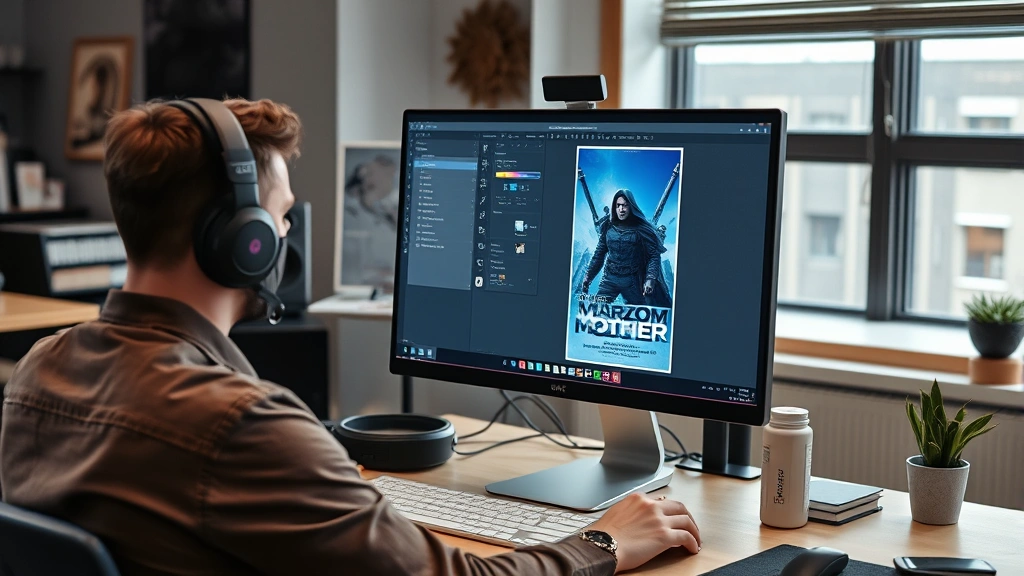 Digital designer working on movie poster layout with typography tools and color swatches visible on computer monitor in modern creative studio environment