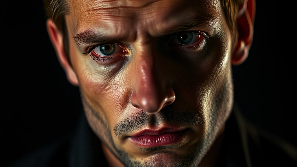 Close-up portrait of a contemplative male actor in dramatic lighting, showing emotional vulnerability and psychological depth, professional headshot style, film noir atmosphere, serious expression