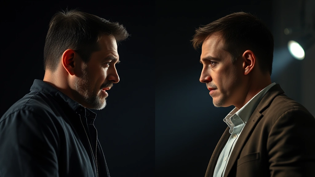 Split-screen composition showing two male actors in tense conversation scene, intimate framing suggesting psychological drama and emotional conflict, theatrical lighting setup, dramatic tension visible in body language