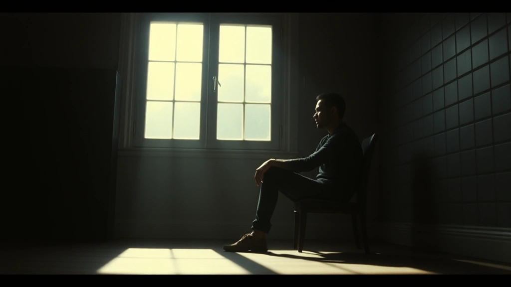 Cinematic shot of a solitary figure sitting in shadow, silhouetted against dramatic window lighting, conveying introspection and emotional isolation, film still aesthetic, moody color grading