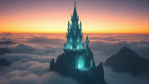 Mystical crystalline wizard tower floating above misty mountains at twilight, ethereal blue light emanating from crystal structures, photorealistic digital fantasy environment with intricate magical architecture