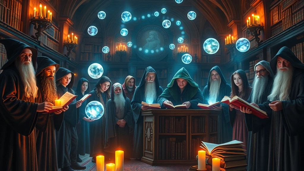 Diverse group of wizard characters in elaborate robes gathered in ancient library with floating magical orbs and glowing spell books, warm candlelight mixed with cool magical auras, photorealistic cinematic lighting