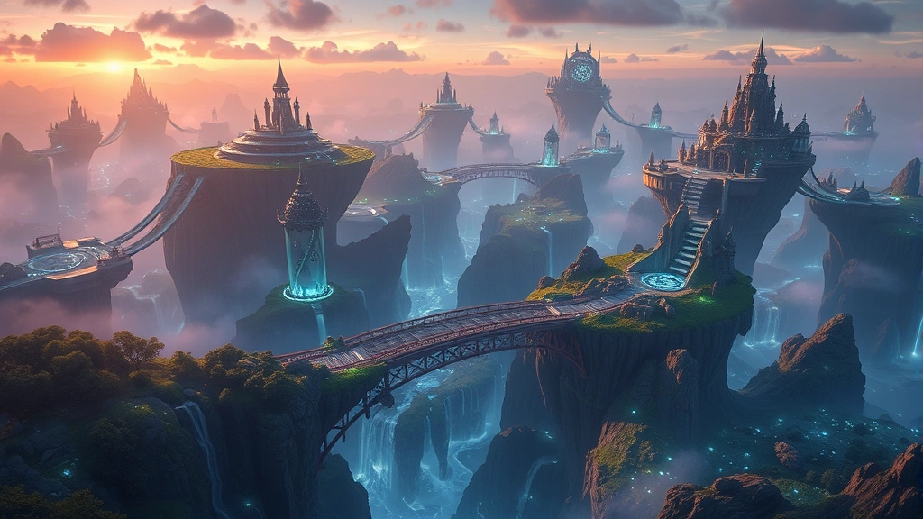 Expansive magical realm landscape showing multiple floating islands connected by shimmering bridges, bioluminescent forests, crystalline waterfalls, photorealistic fantasy world with environmental storytelling details
