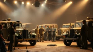 Film production crew setting up vintage 1940s military equipment on a cinematic set with period-accurate vehicles and soldiers in authentic uniforms, dramatic lighting emphasizing historical authenticity and technical sophistication