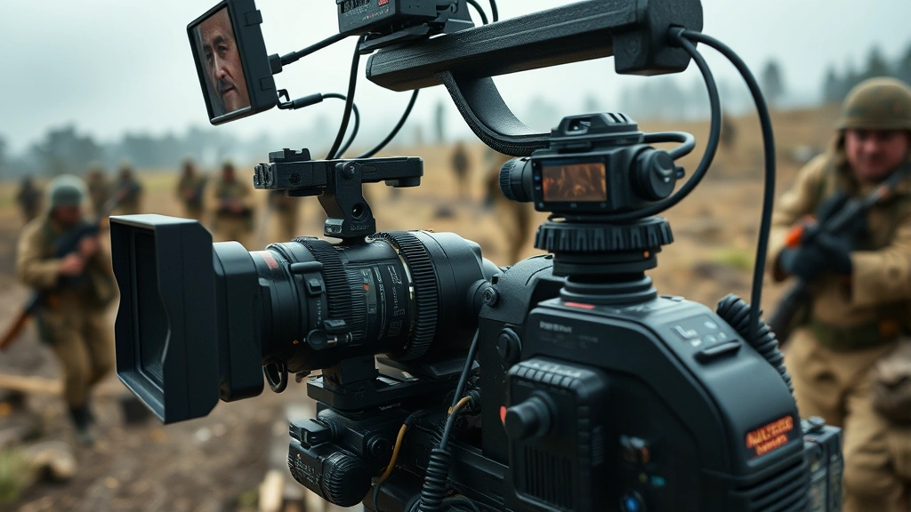 Close-up of professional cinematography equipment capturing historical battlefield recreation, showcasing modern filming technology contrasted with period-accurate military hardware and authentic wartime landscape