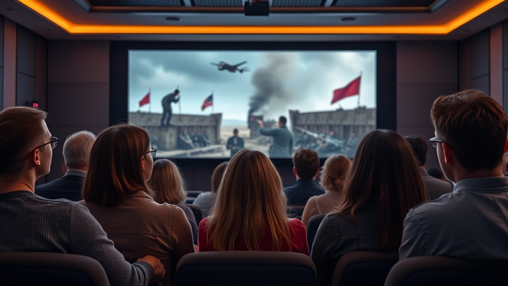 Diverse audience members in modern cinema watching an intense historical war film on large screen, expressions showing emotional engagement with historical narrative and cinematic storytelling