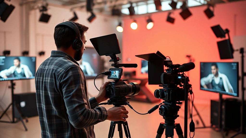 Digital filmmaker working with camera equipment in modern studio setting, creative director reviewing footage on monitors, professional film production environment with lighting rigs