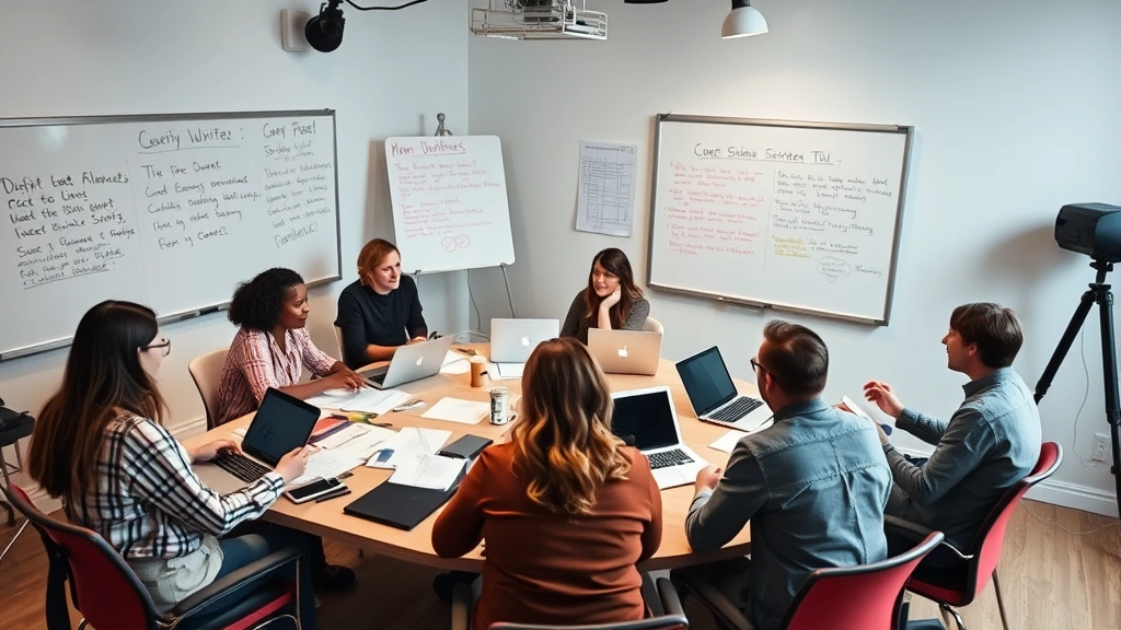 Comedy writers' room with collaborative whiteboards and scripts scattered across table, creative team brainstorming session with laptops and notes, diverse group developing television content