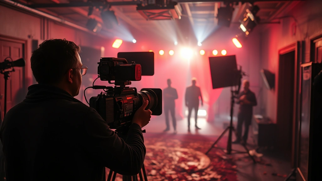 Film set showing horror atmosphere with atmospheric lighting and production design, cinematographer positioning camera for dramatic shot, behind-the-scenes filmmaking capturing genre storytelling
