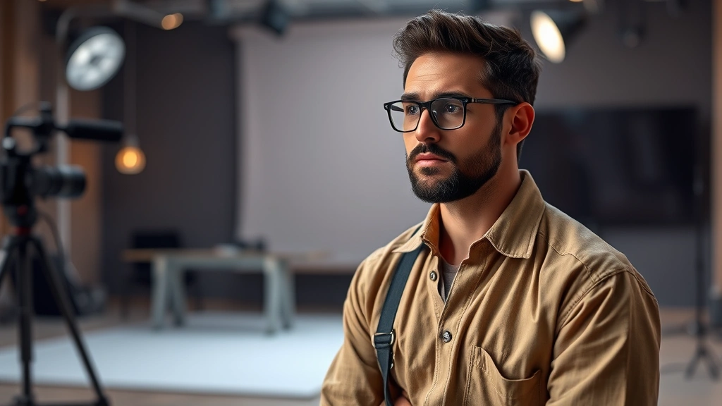Professional actor in character wearing distinctive casual clothing, standing in modern film studio setting with soft lighting, thoughtful expression, photorealistic cinematic quality, no text or graphics