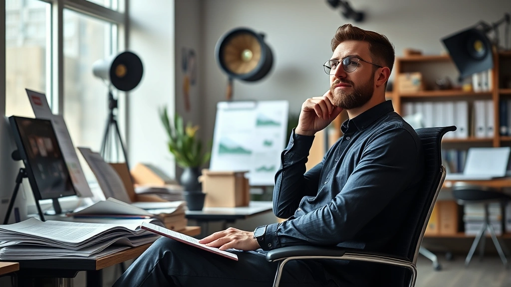 Entertainment industry professional sitting in modern office or creative workspace, surrounded by scripts and creative materials, natural daylight from windows, contemplative pose, photorealistic professional photography