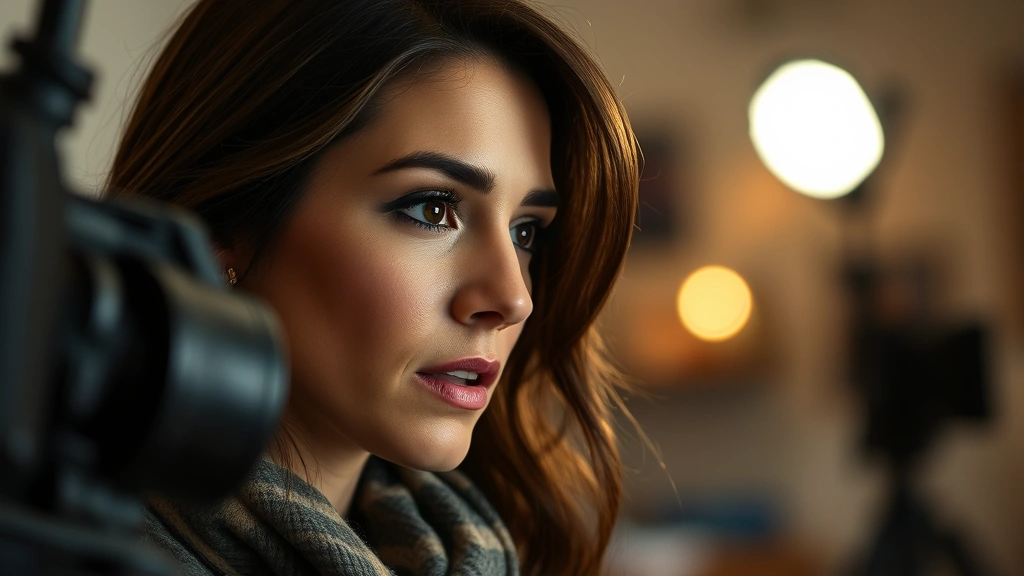 Actress performing emotional dramatic scene, intimate close-up capturing genuine expression, professional film lighting, blurred background suggesting television or film set, authentic character moment