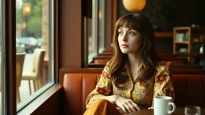 Woman in 1970s-inspired clothing sitting in coffee shop, vintage film aesthetic, natural lighting, contemplative expression, artistic cinematography style