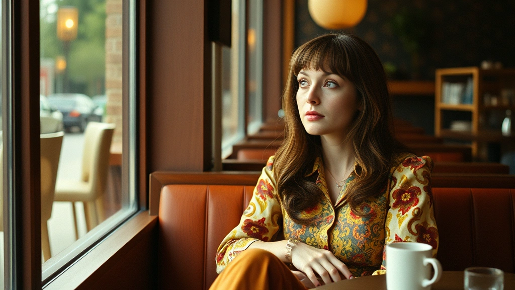 Woman in 1970s-inspired clothing sitting in coffee shop, vintage film aesthetic, natural lighting, contemplative expression, artistic cinematography style