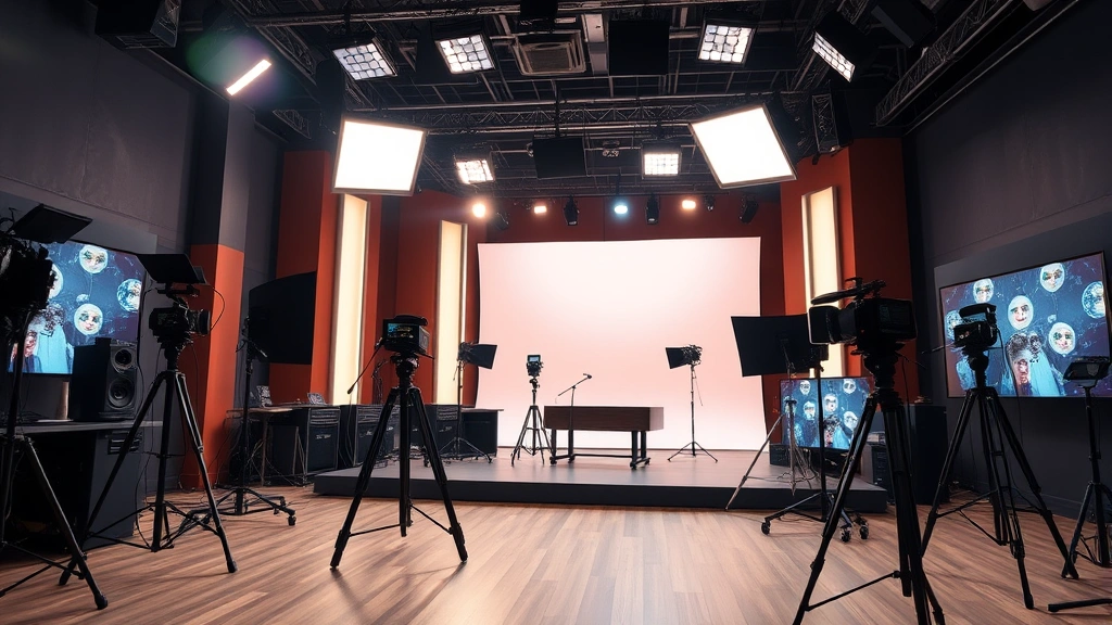 Modern television production set with professional lighting equipment, sound stage environment, contemporary media equipment, professional studio atmosphere