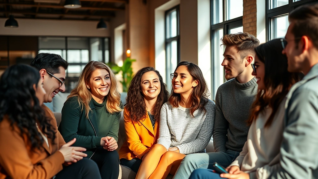 Diverse group of friends in urban apartment setting, warm natural lighting, candid conversation moment, contemporary interior design, genuine connection