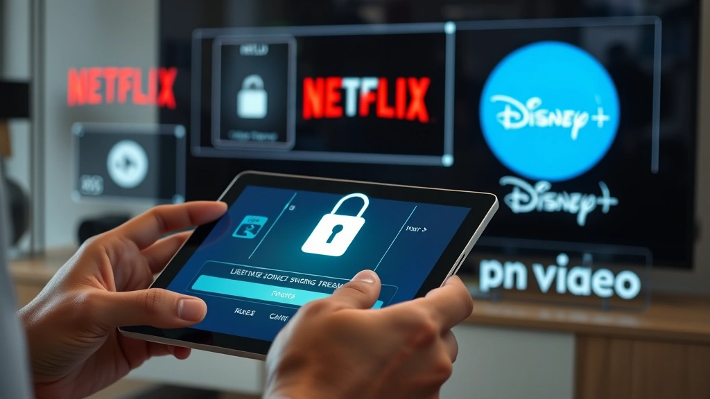 Digital security concept: person using tablet with padlock icon, secure connection indicators, and legitimate streaming service logos (Netflix, Disney+, Prime Video) displayed in background, professional lighting, modern aesthetic, no text overlays