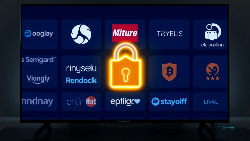 Multiple streaming service logos arranged on a smart TV screen with a glowing padlock symbol and shield icon indicating security and legal protection, clean minimalist design, no interface elements or text