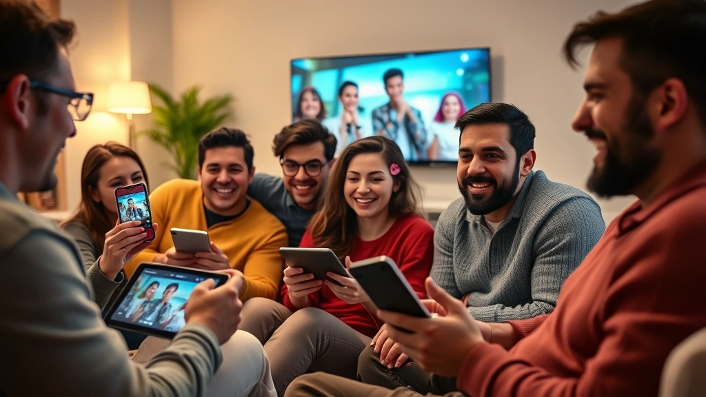 Diverse group of people streaming entertainment on various devices (tablet, phone, smart TV) with visible security indicators and satisfaction expressions, warm lighting, modern home environment, no screens showing actual content