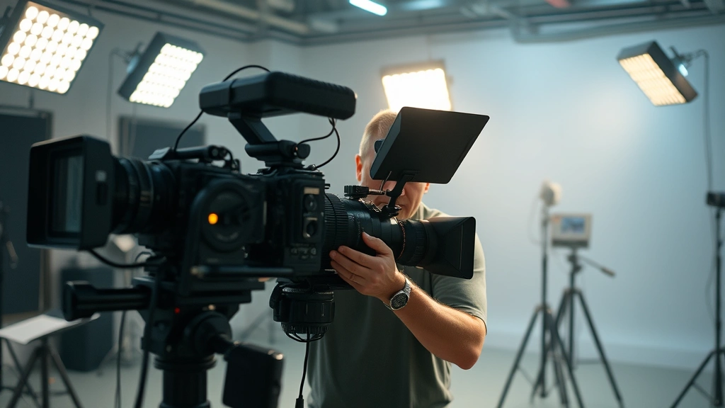 Film director working with advanced 1990s cinema cameras and professional lighting equipment in a modern studio setting, focused composition showing technical filmmaking craft and creative collaboration